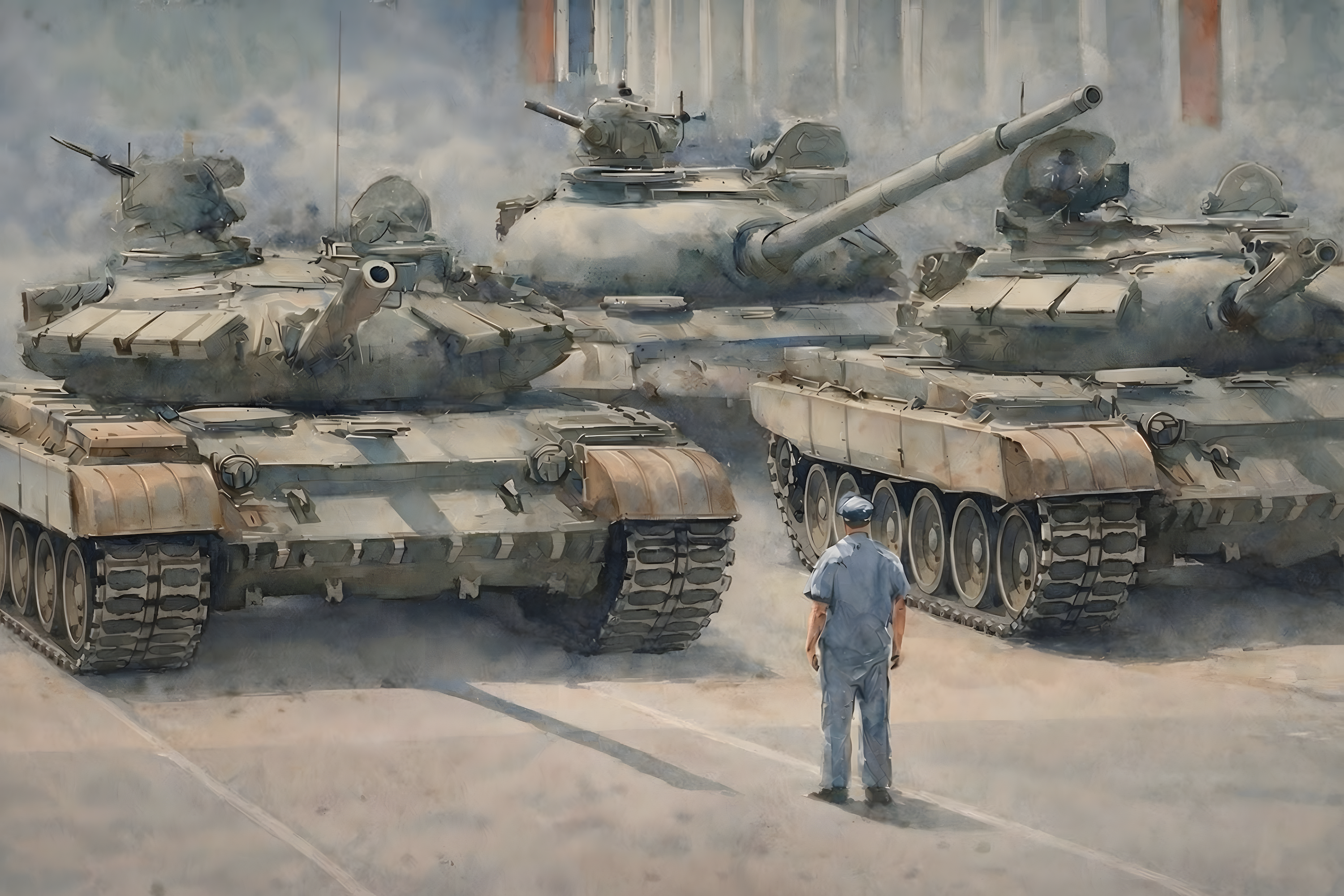 Democracy art and political art showing a lone man standing before a line of tanks in Tiananmen Square, symbolizing the courage of individuals who confront authoritarian power