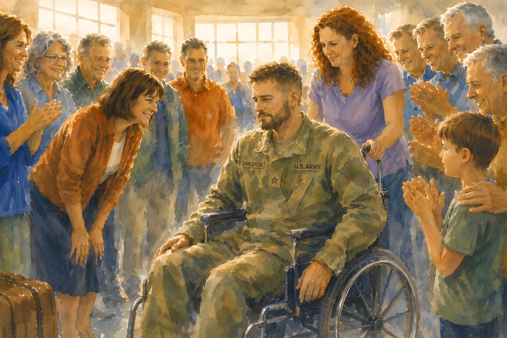 Veteran in wheelchair welcomed with applause at airport, citizens thanking him for his service and sacrifice, expressive watercolor civic art