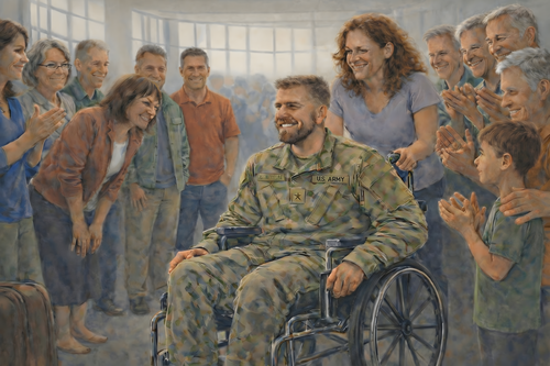 Veteran in wheelchair welcomed with applause at airport, citizens thanking him for his service and sacrifice, expressive watercolor civic art