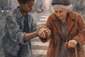 A young man helping an elderly woman cross a busy street, compassionate civic art and democracy art highlighting everyday kindness in public life.