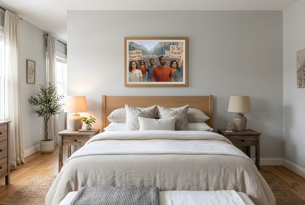 Their Home Too fine art print framed in a bedroom mockup — political art print for home decor from The Democracy Collection