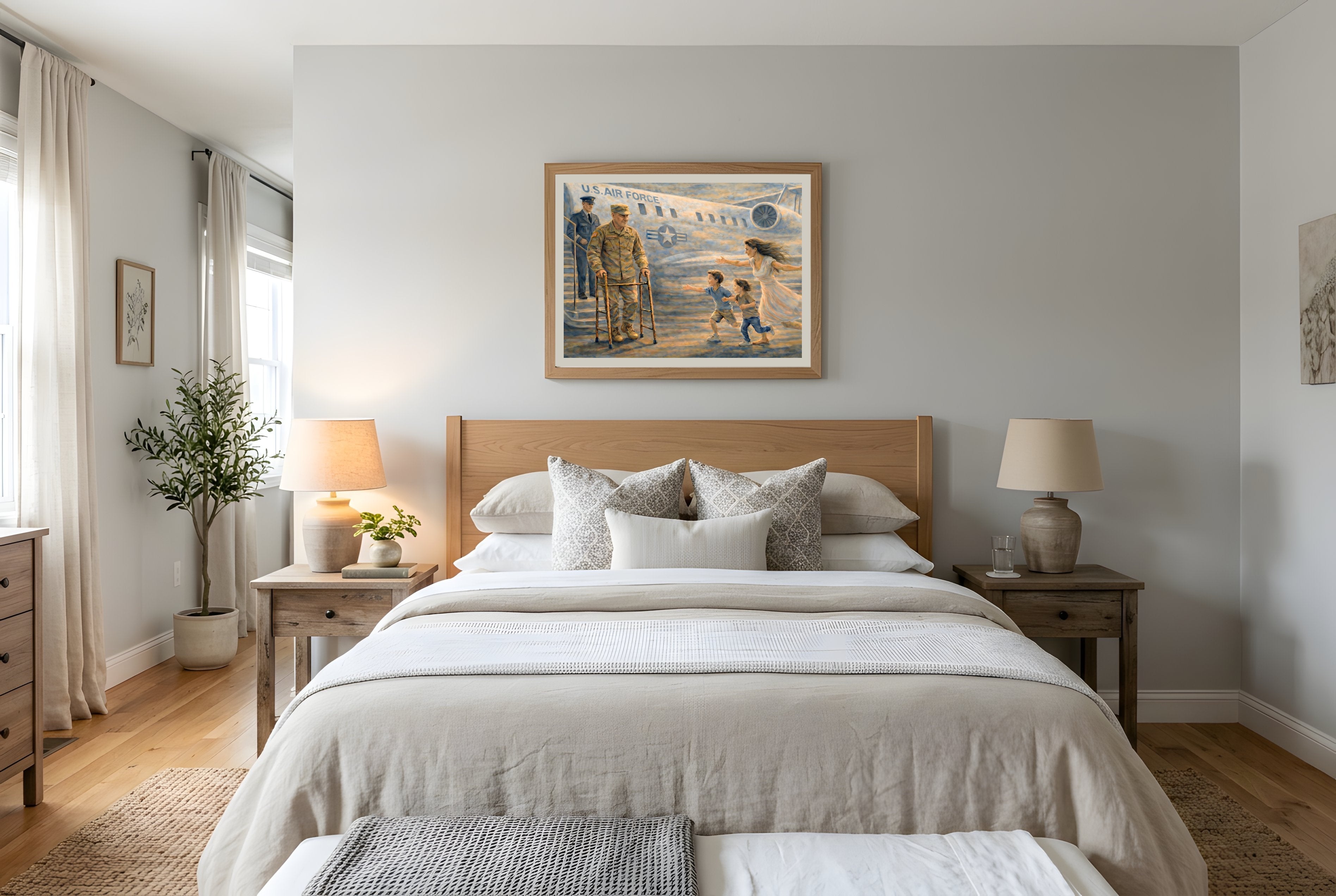 Homecoming Joy fine art print framed in a bedroom mockup — veteran homecoming civic art print from The Democracy Collection