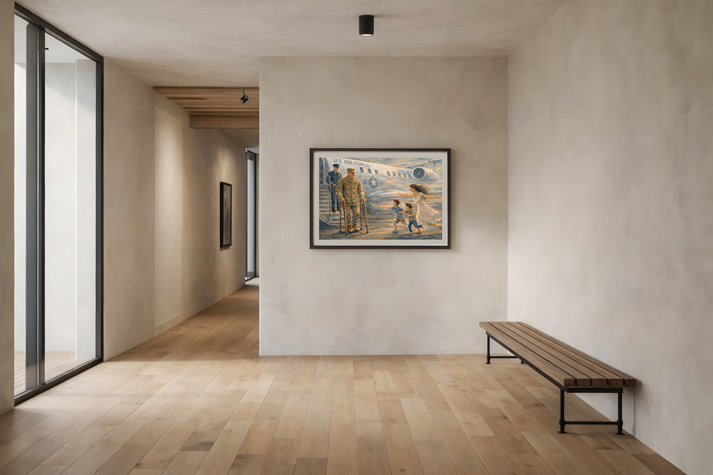 Homecoming Joy fine art print framed in a modern hallway — military homecoming civic wall art from The Democracy Collection