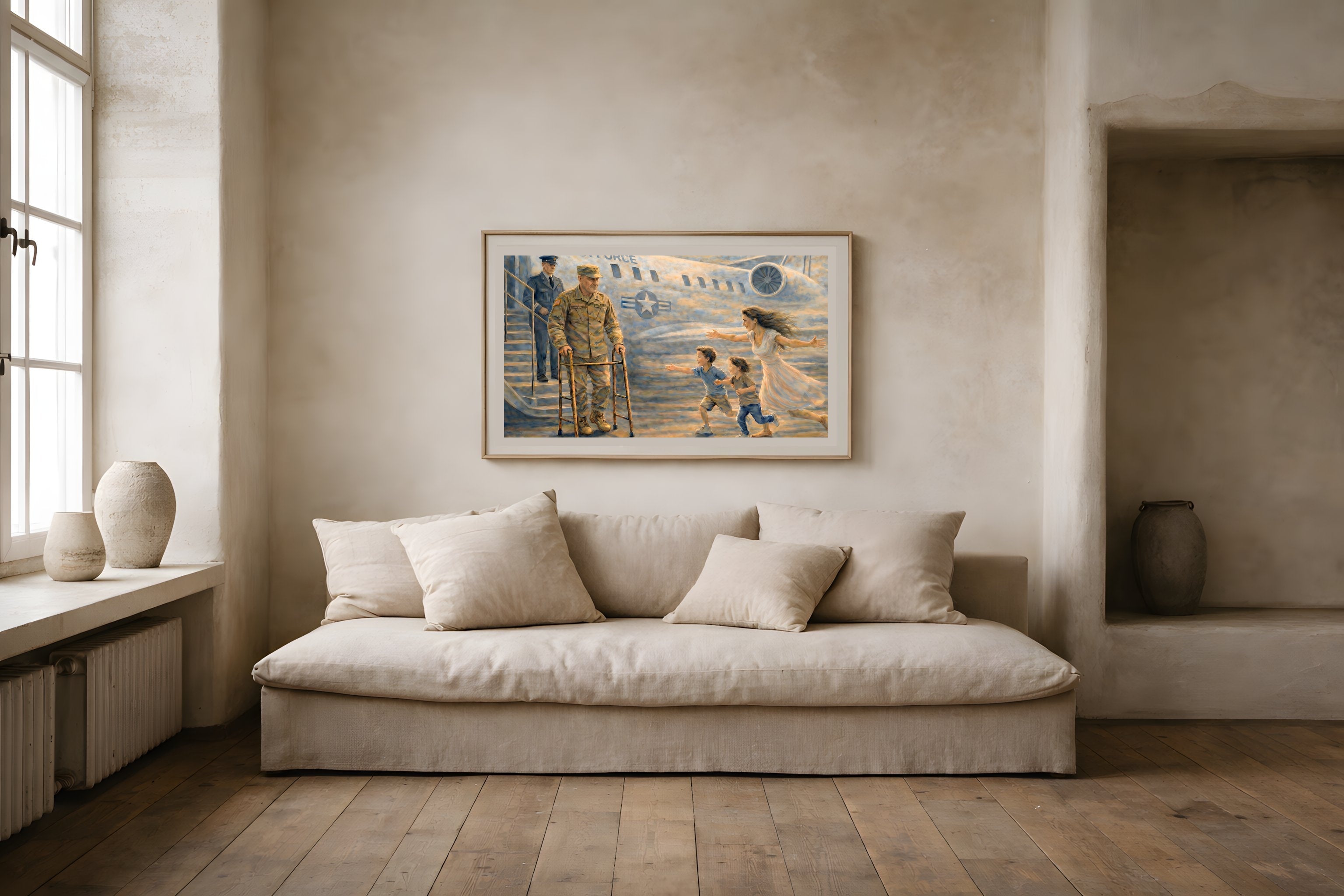 Homecoming Joy fine art print in a living room wall mockup — military homecoming watercolor art from The Democracy Collection