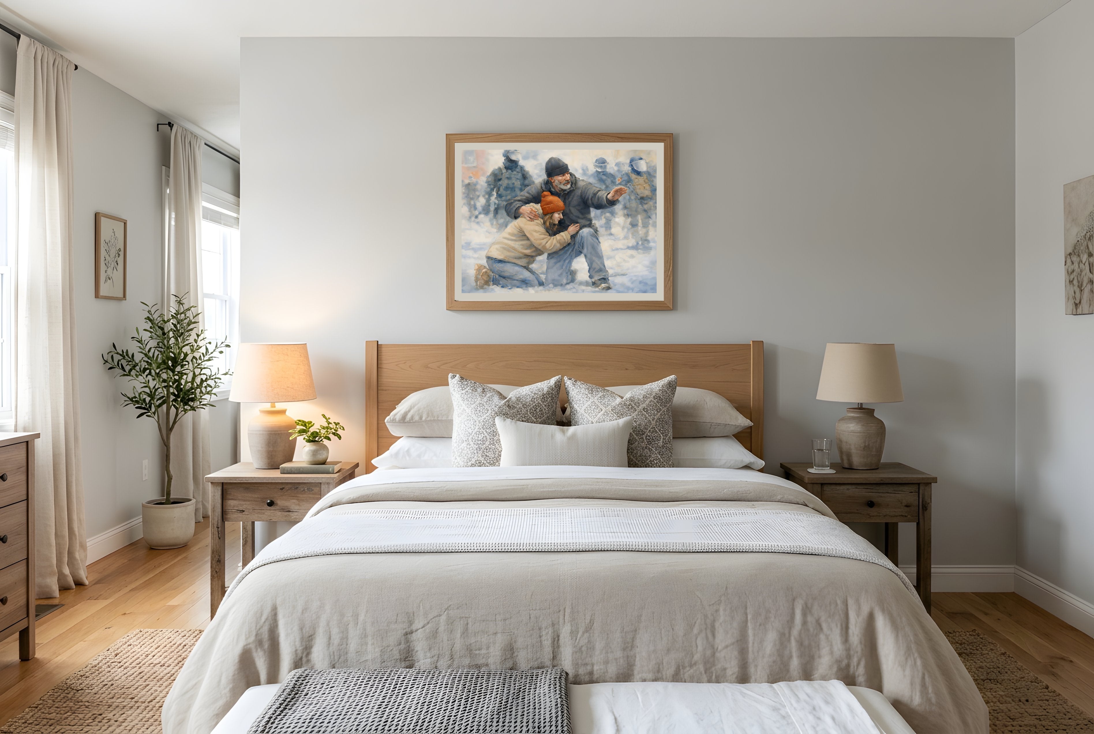 The Protector fine art print framed in a bedroom mockup — civic protection political art print from The Democracy Collection