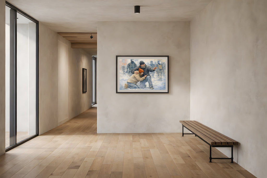 The Protector fine art print framed in a modern hallway — political wall art print from The Democracy Collection