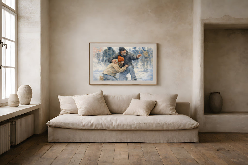 The Protector fine art print displayed in a framed living room wall mockup — political protection watercolor art from The Democracy Collection