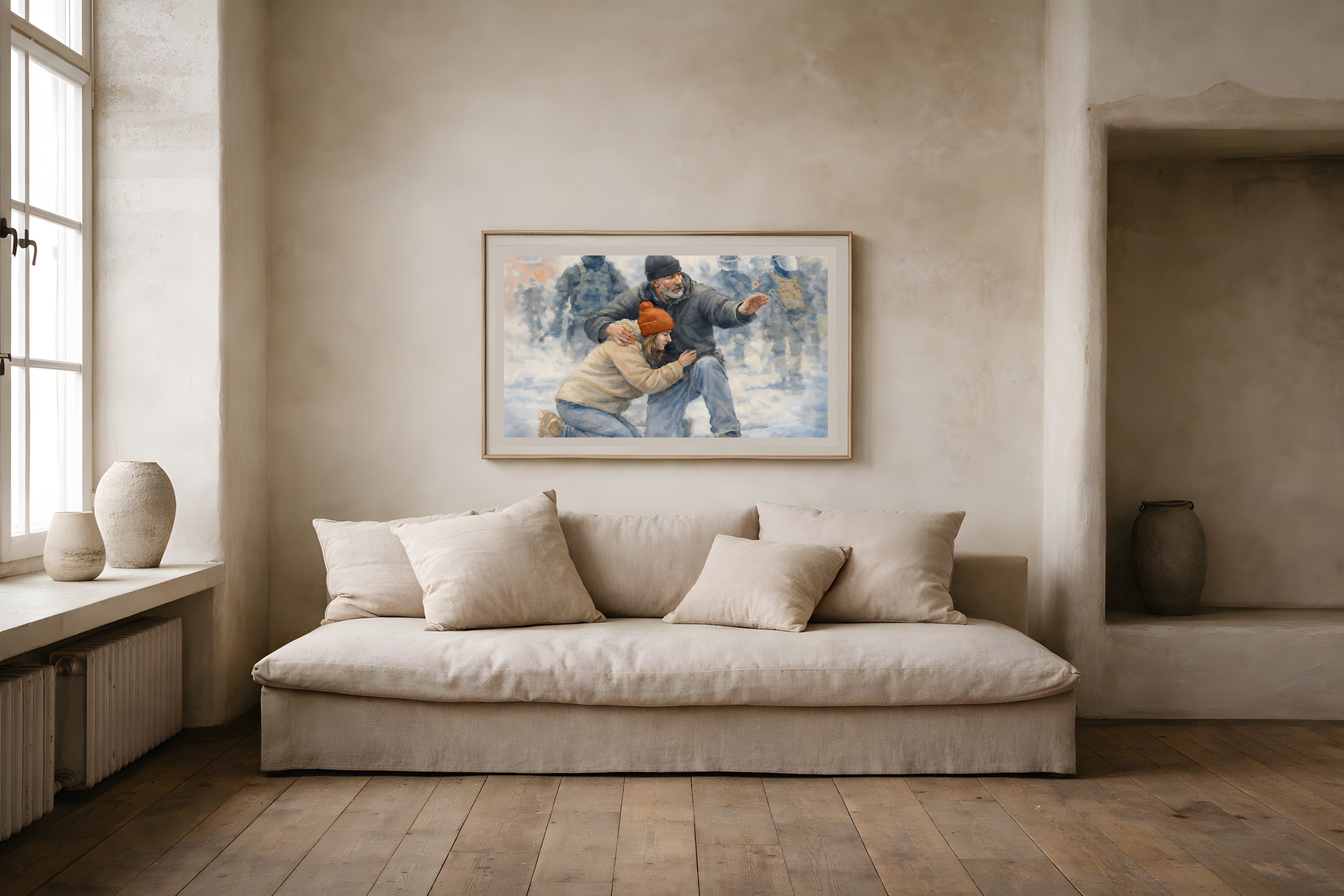 The Protector fine art print displayed in a framed living room wall mockup — political protection watercolor art from The Democracy Collection