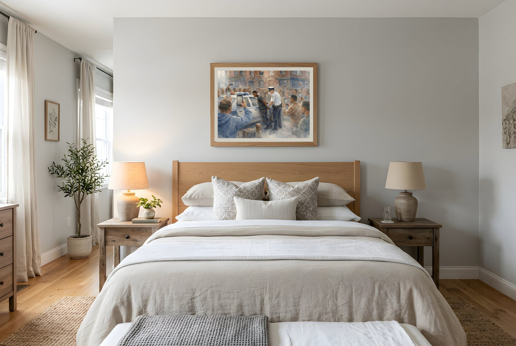 Public Witness fine art print framed in a bedroom mockup — political accountability art print from The Democracy Collection