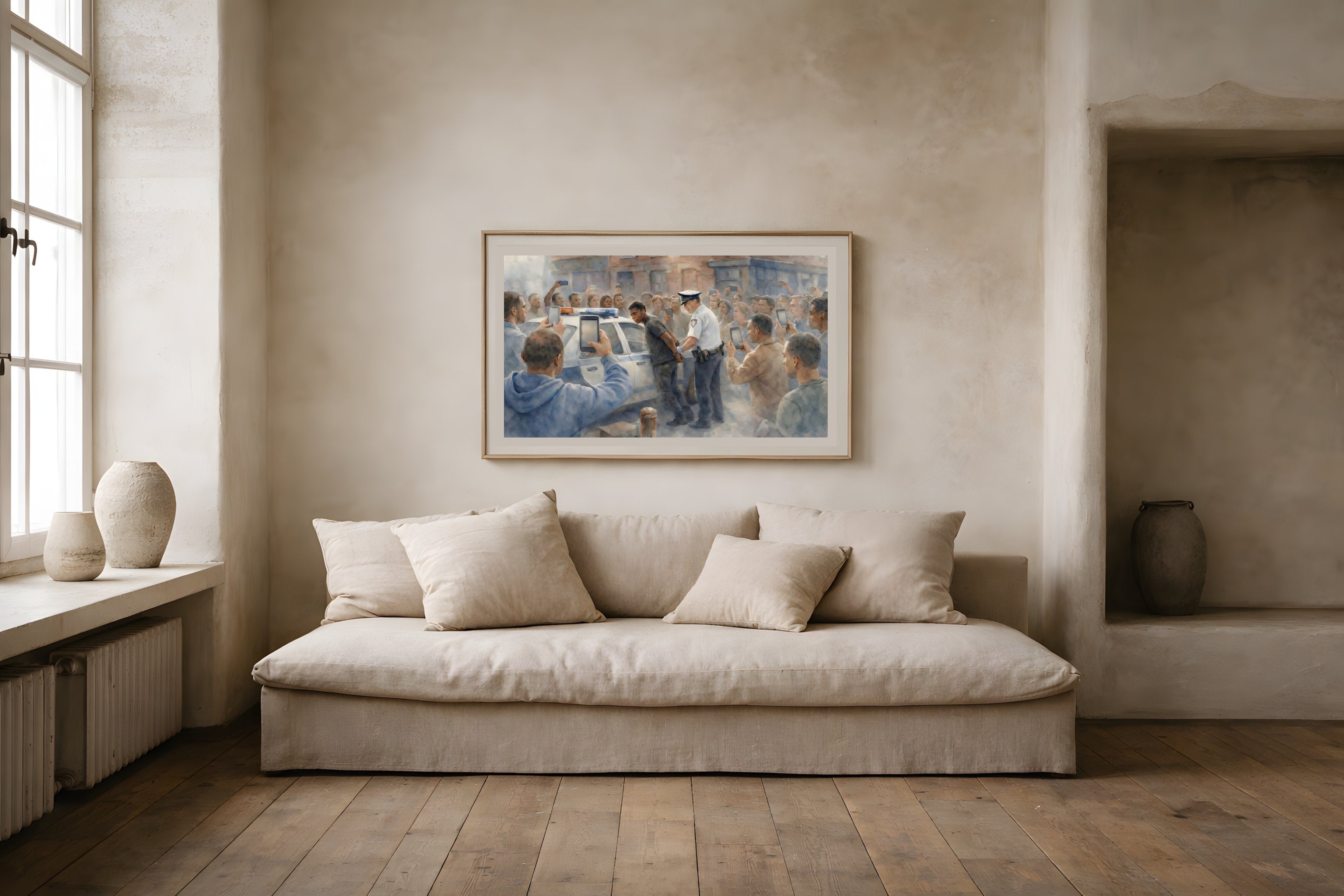 Public Witness fine art print displayed in a framed living room wall mockup — civic accountability watercolor art from The Democracy Collection