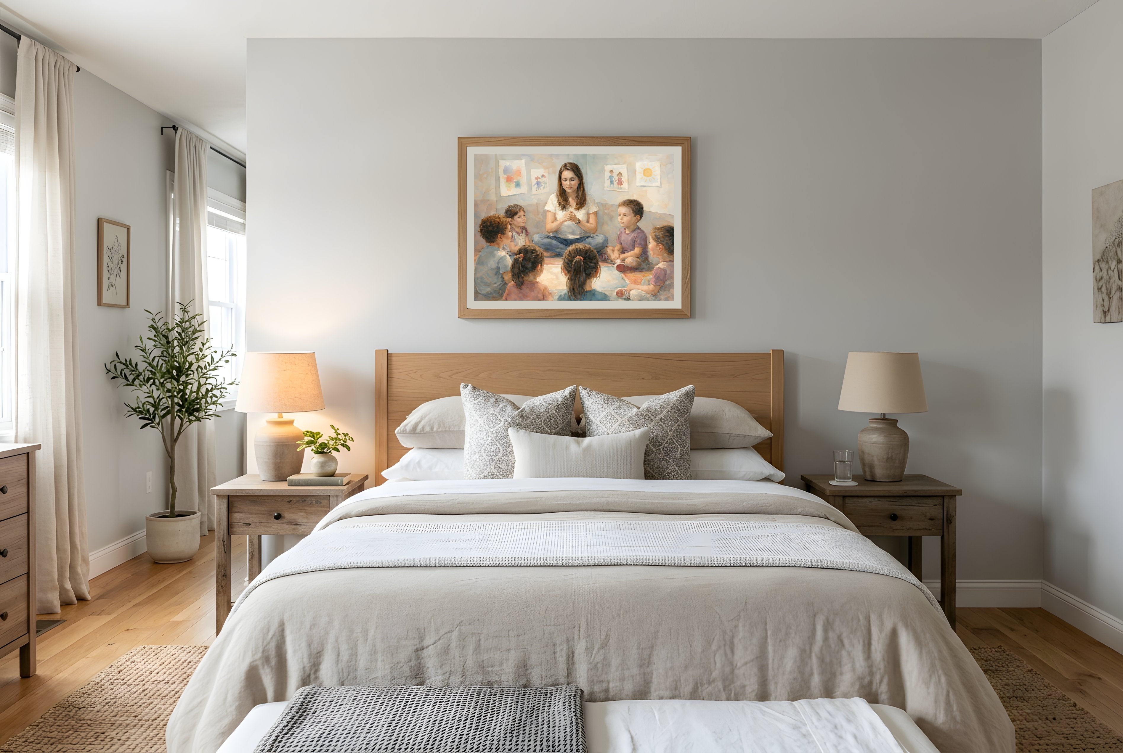 First Lesson fine art print framed in a bedroom mockup — education-themed civic art print from The Democracy Collection