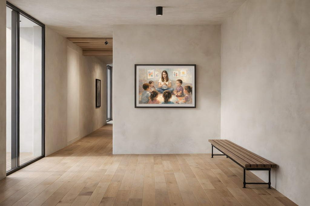 First Lesson fine art print framed in a modern hallway — education civic art from The Democracy Collection