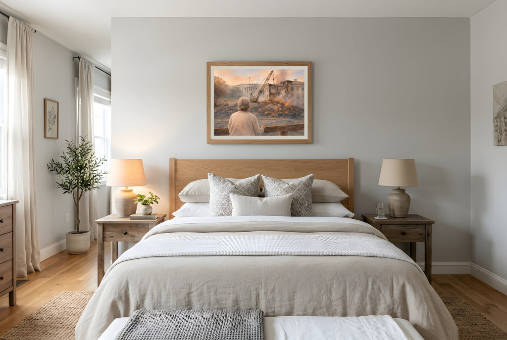 Dismantled Memory fine art print displayed in a framed bedroom wall mockup — political art print for home decor from The Democracy Collection