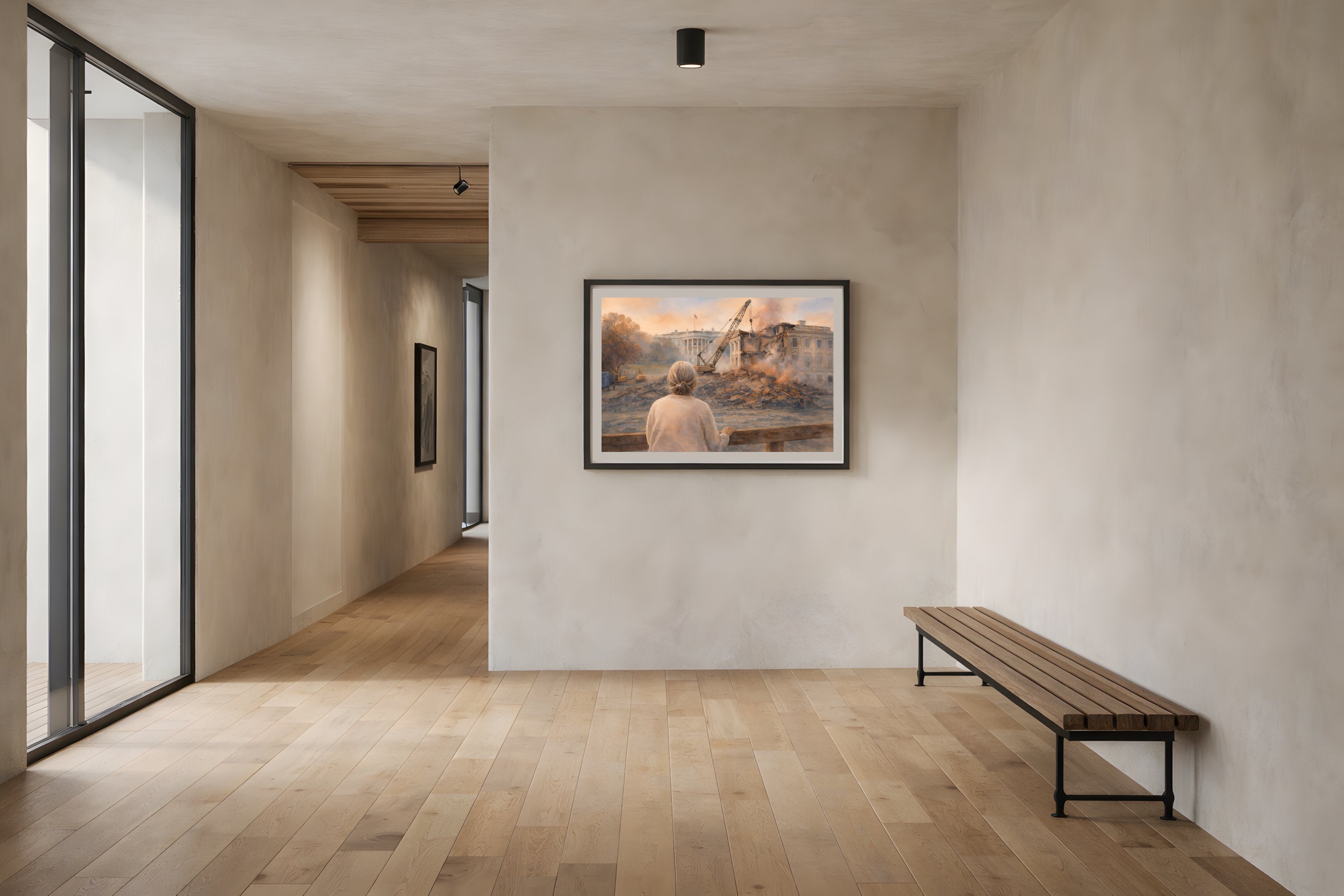 Dismantled Memory fine art print framed on a modern hallway wall — contemporary political wall art from The Democracy Collection