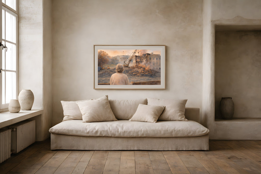 Dismantled Memory fine art print displayed in a framed living room wall mockup — contemporary civic art print from The Democracy Collection