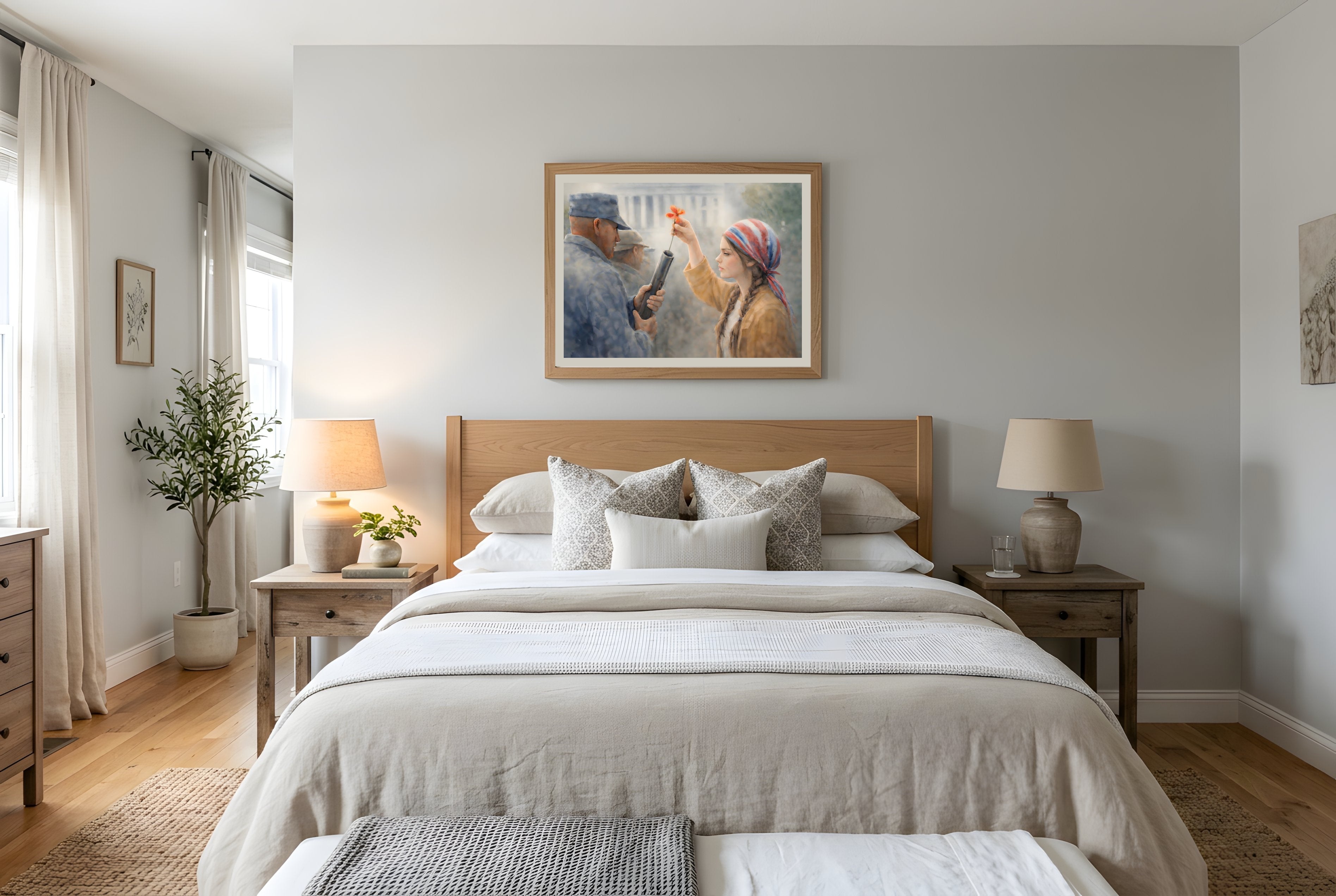 A Quiet Stand fine art print framed in a bedroom mockup — political protest wall art from The Democracy Collection