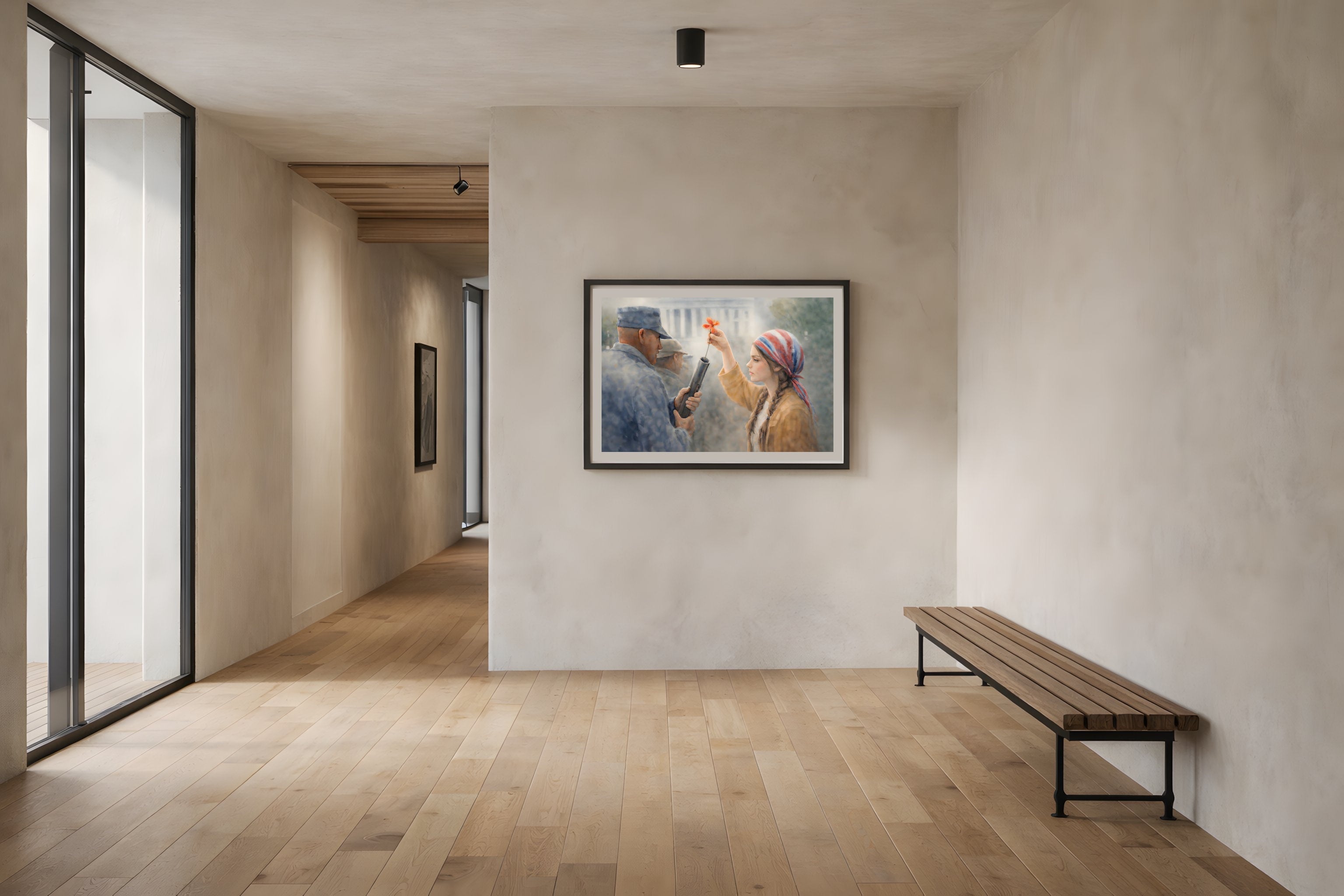 A Quiet Stand fine art print framed in a modern hallway — civic protest art from The Democracy Collection