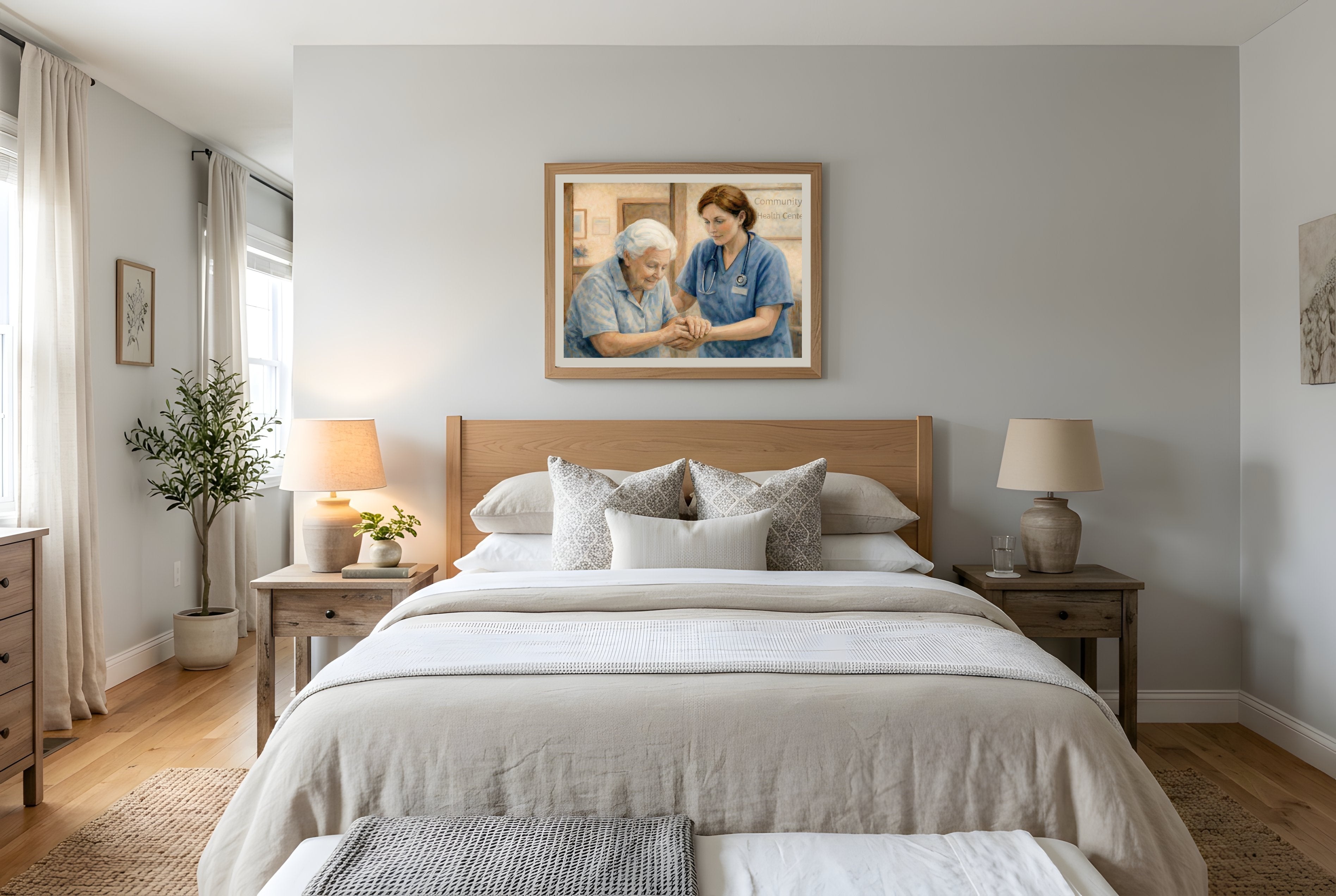 In Good Hands fine art print framed in a bedroom mockup — compassionate civic art print from The Democracy Collection