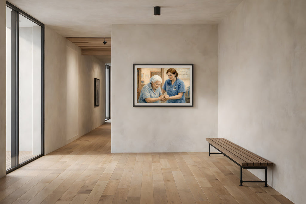 In Good Hands fine art print framed in a modern hallway — civic healthcare watercolor art from The Democracy Collection