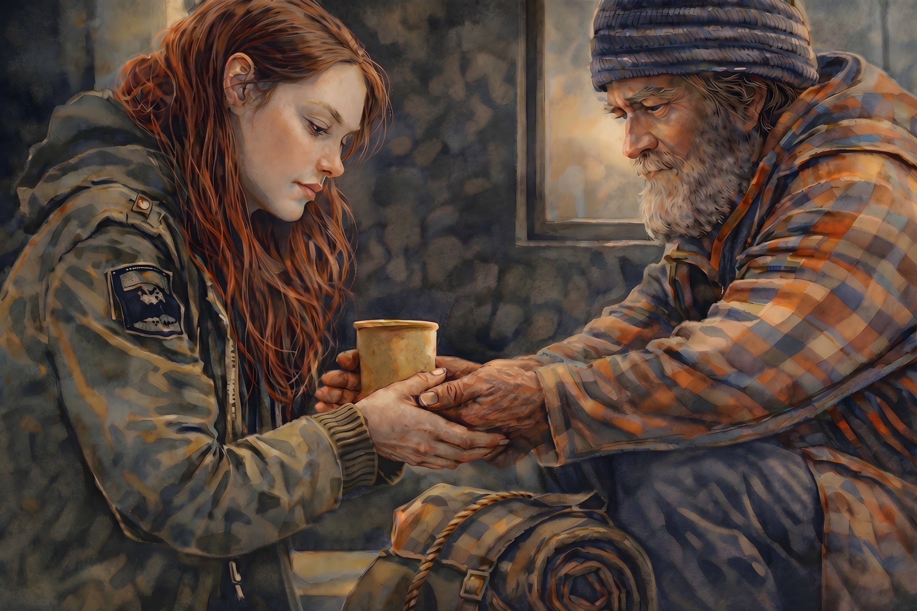 Young woman offering help to a homeless man on a city street, expressive civic art reflecting compassion, dignity, and shared civic responsibility