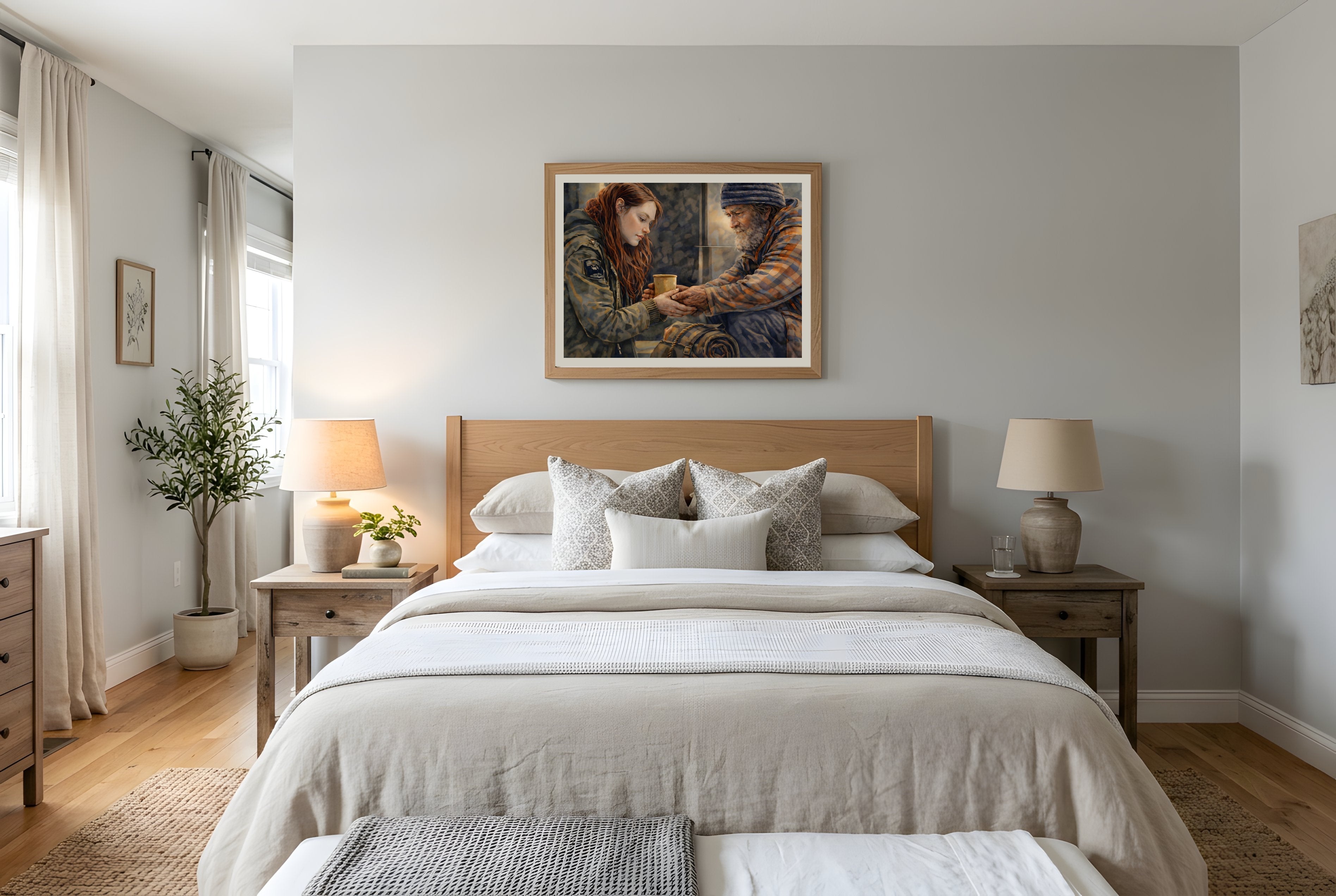 A Simple Kindness fine art print framed in a bedroom mockup — acts of compassion art print from The Democracy Collection