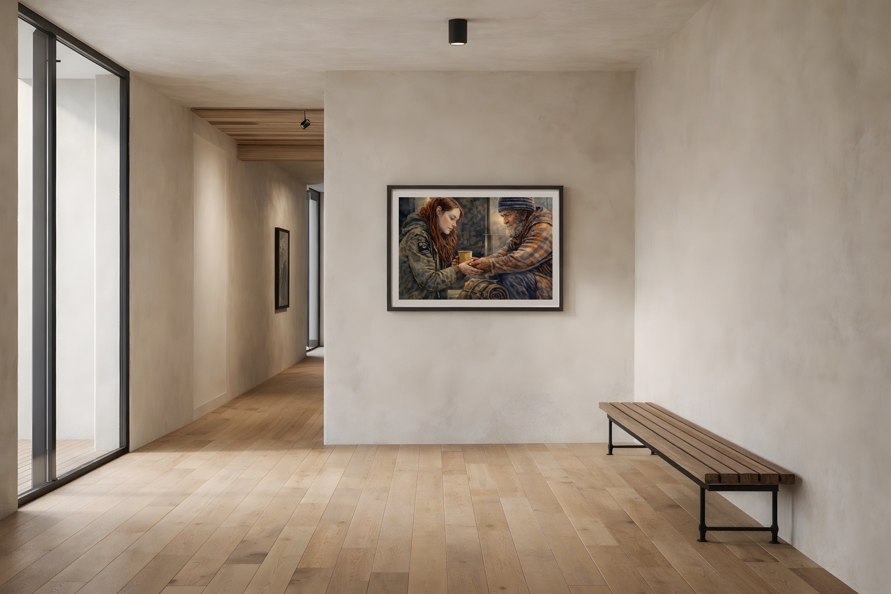 A Simple Kindness fine art print framed in a modern hallway — compassionate civic fine art print from The Democracy Collection