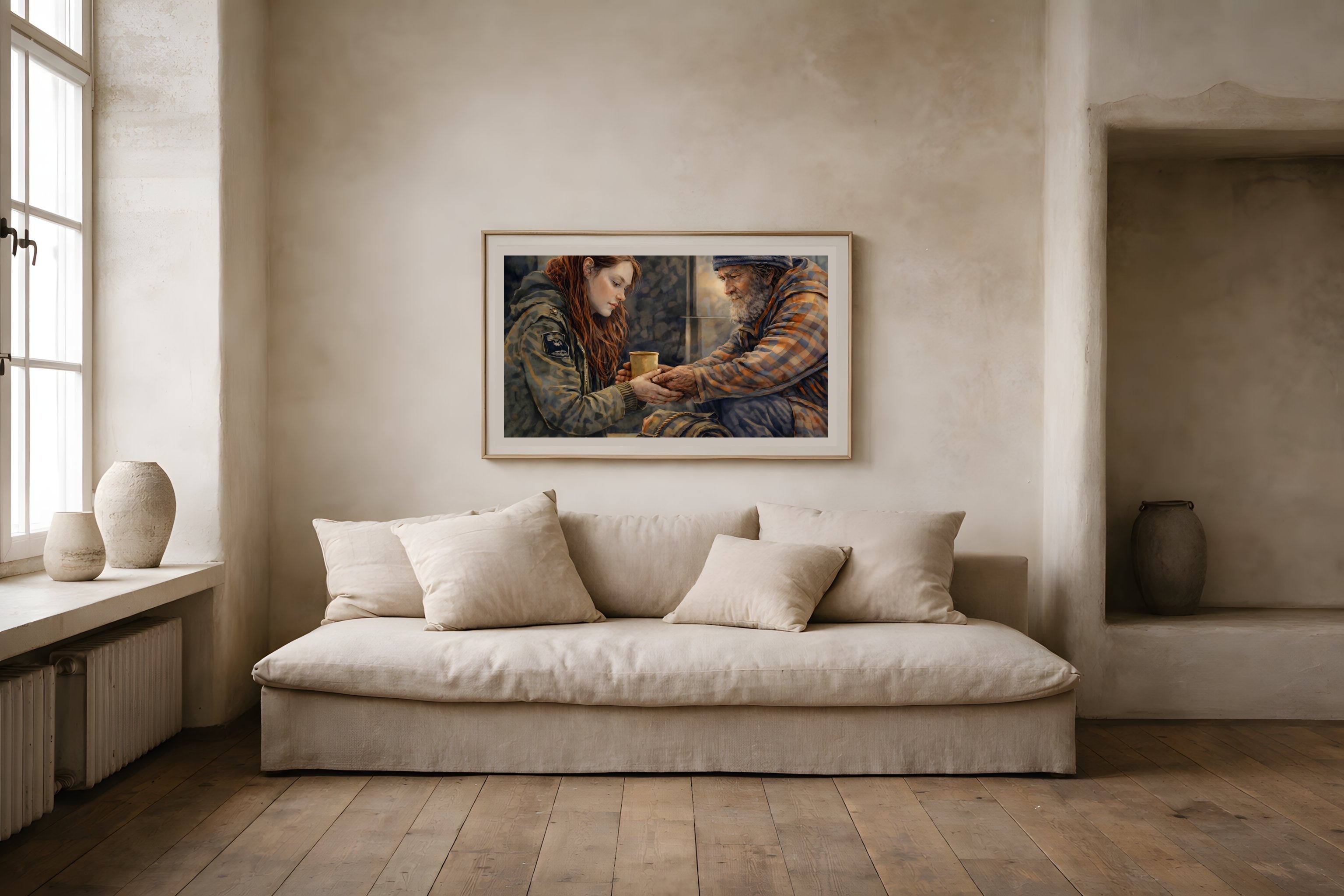 A Simple Kindness fine art print displayed in a framed living room wall mockup — compassionate civic watercolor art from The Democracy Collection