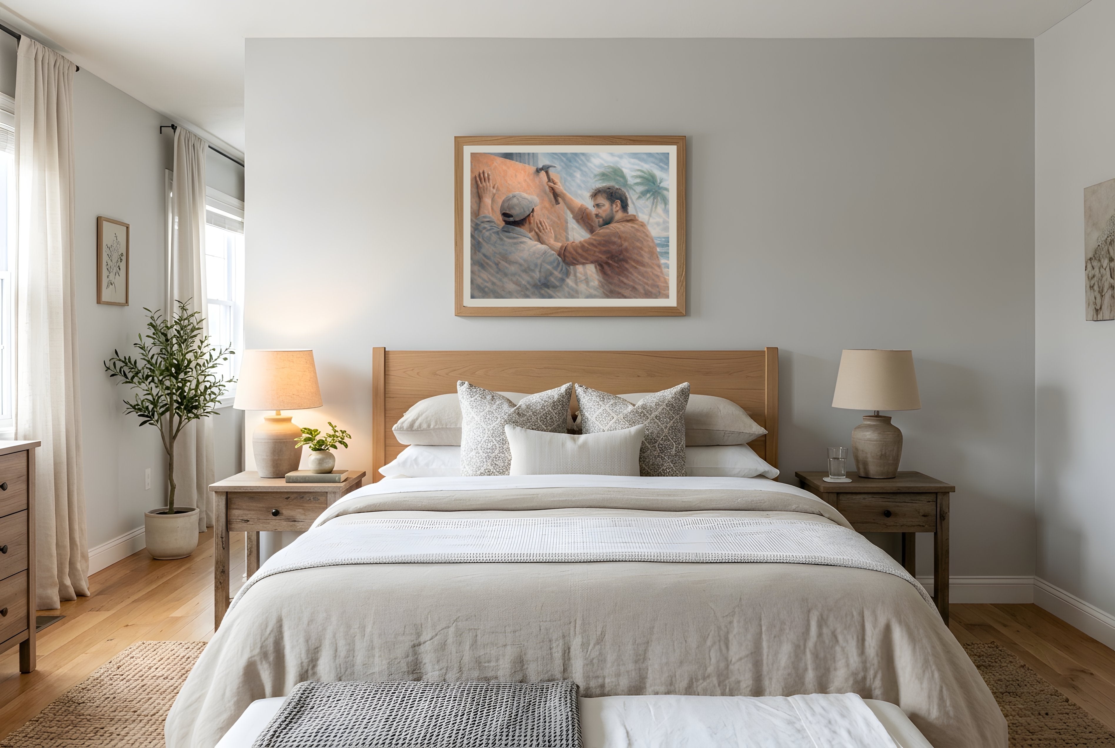 Hurricane fine art print framed in a bedroom mockup — natural disaster civic art from The Democracy Collection