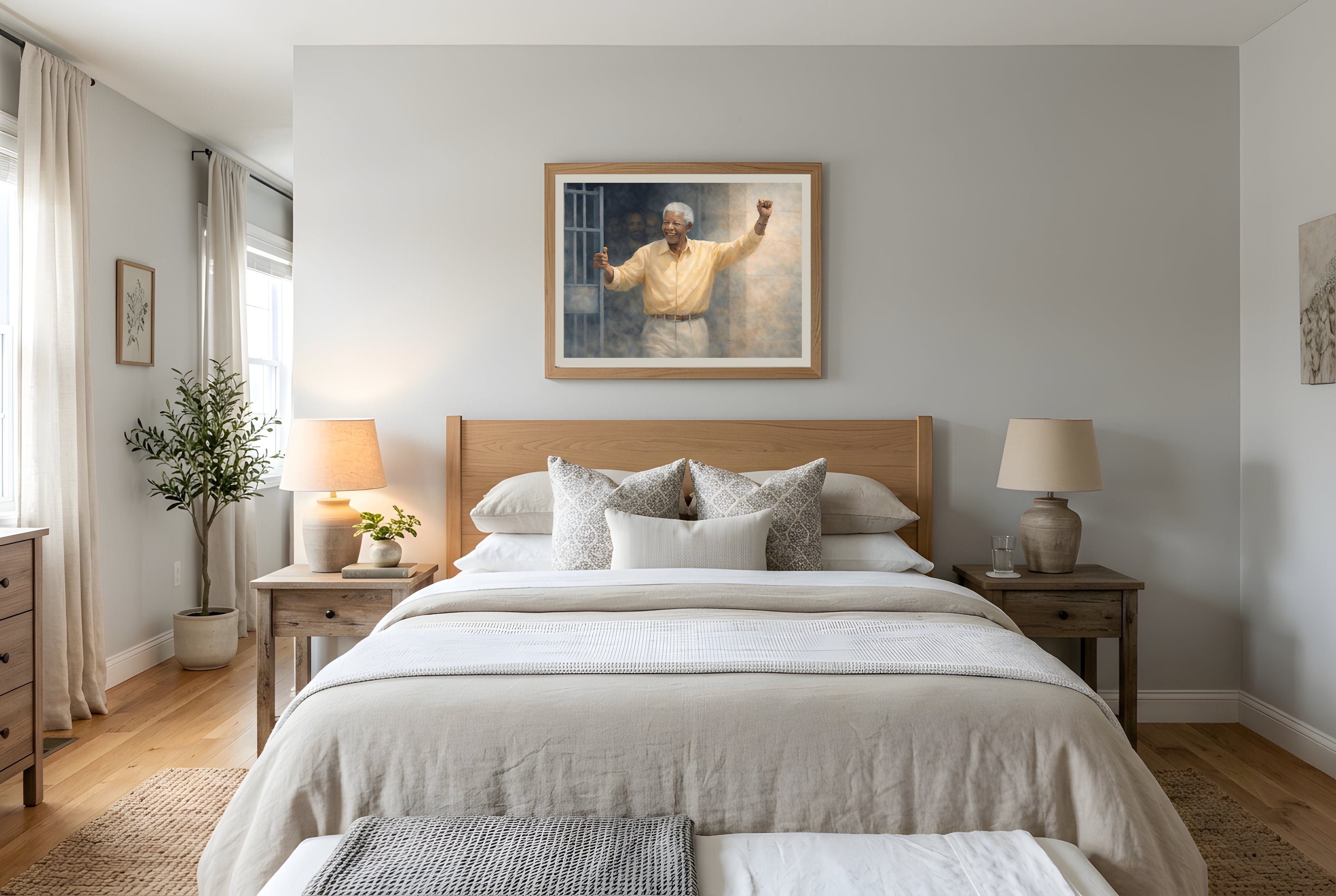 Mandela Unbroken fine art print framed in a bedroom mockup — democracy art print for home decor from The Democracy Collection