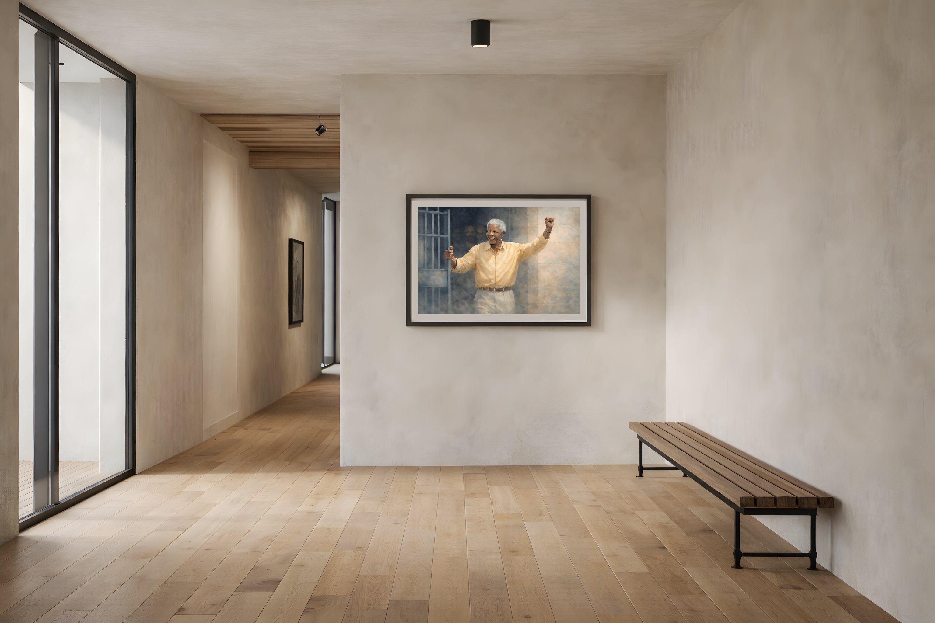 Mandela Unbroken fine art print framed in a modern hallway — political art print from The Democracy Collection