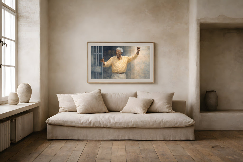 Mandela Unbroken fine art print in a living room wall mockup — Nelson Mandela freedom art print from The Democracy Collection