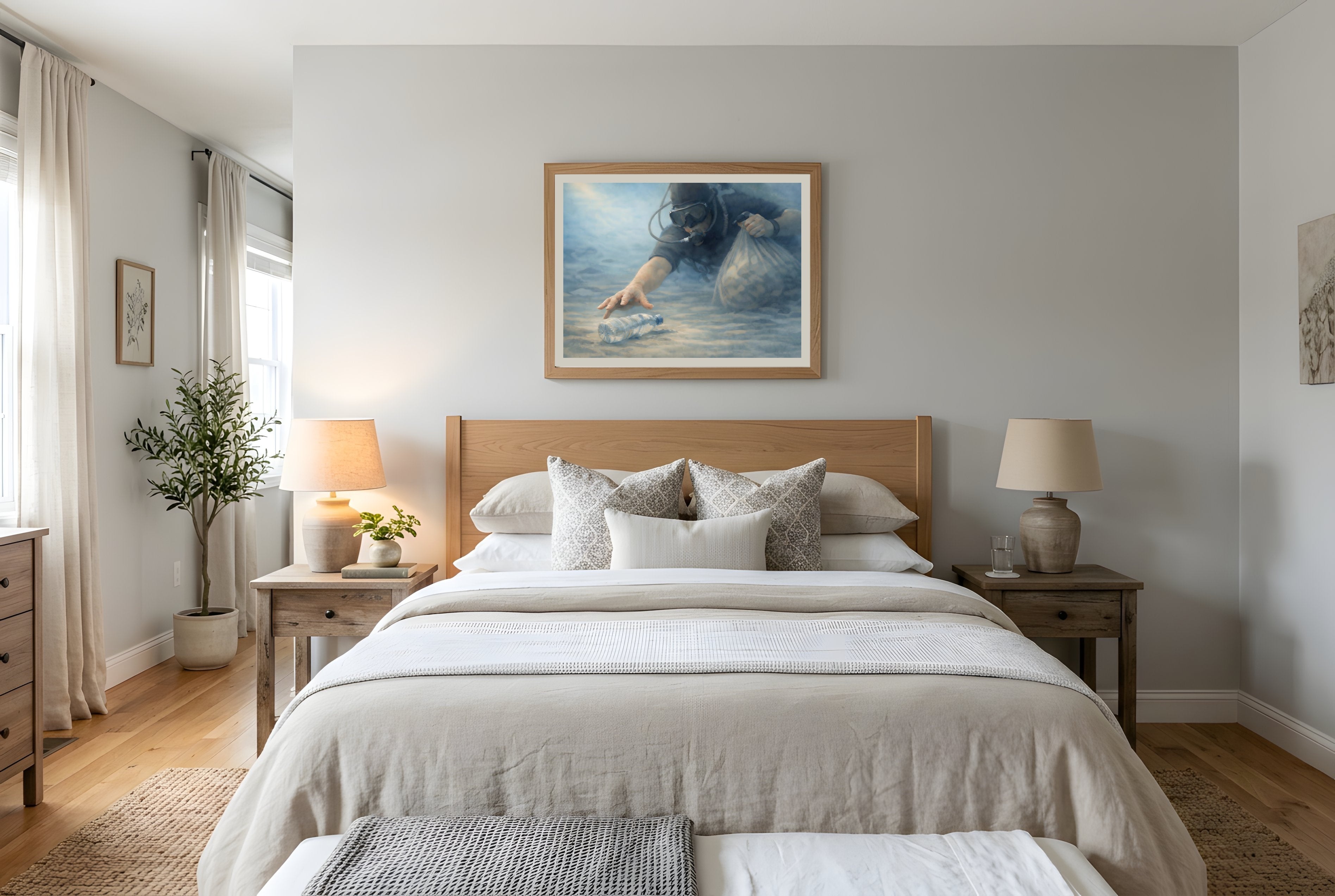 Tomorrow Reclaimed fine art print framed in a bedroom mockup — environmental watercolor art print from The Democracy Collection