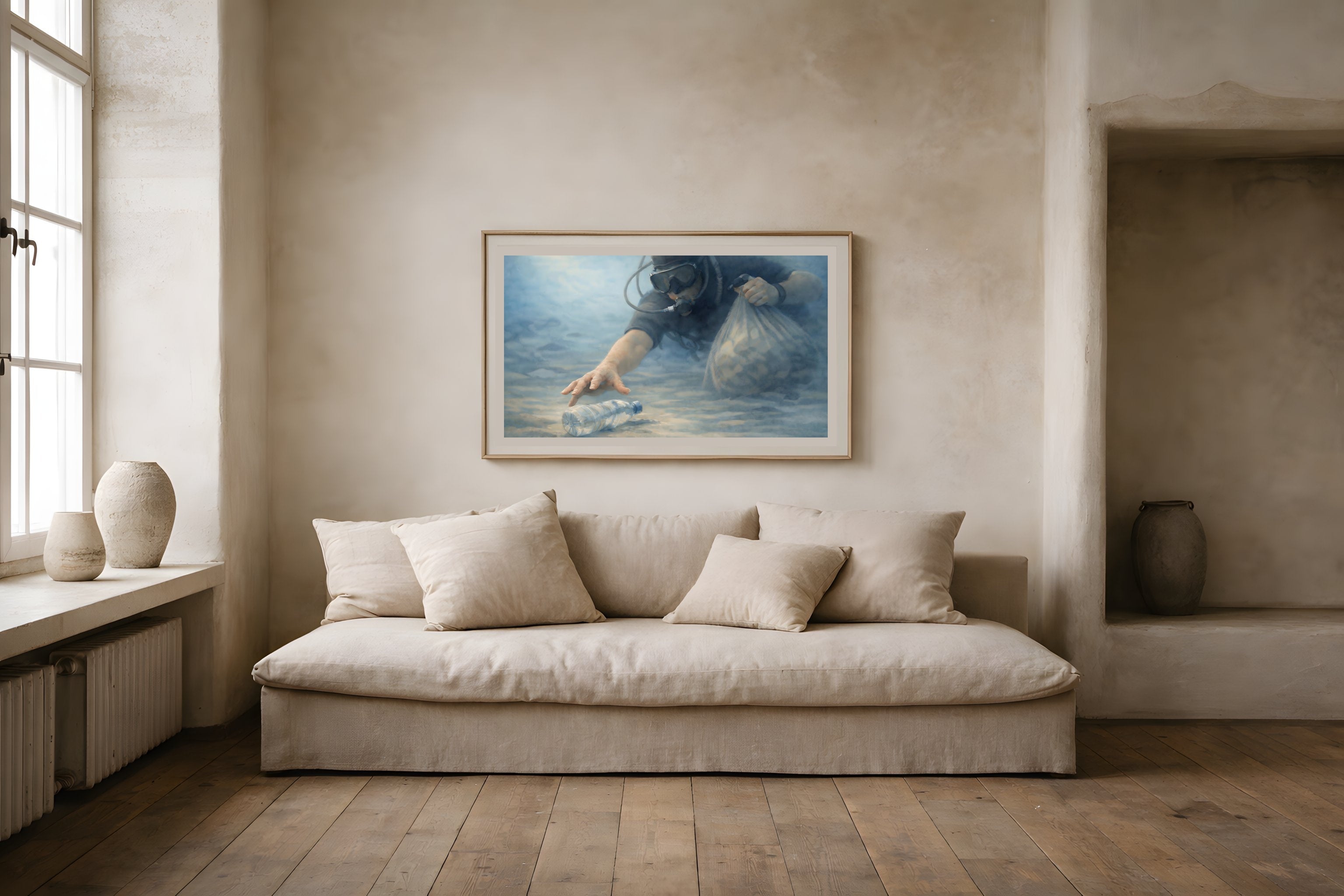 Tomorrow Reclaimed fine art print displayed in a framed living room wall mockup — environmental civic art from The Democracy Collection