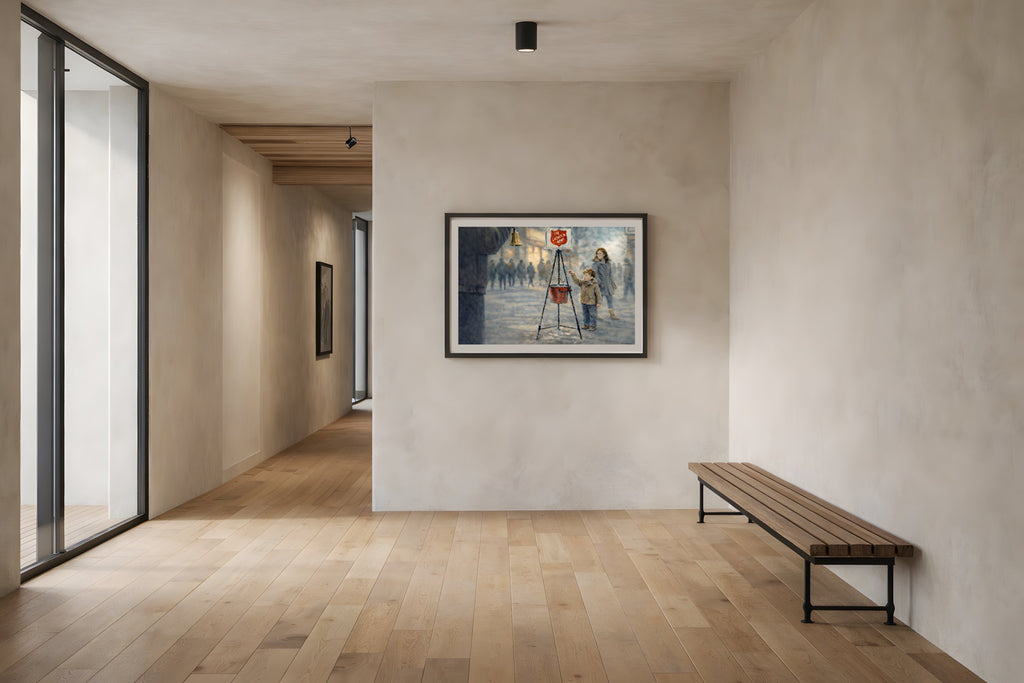 Small Offering fine art print framed in a modern hallway — civic generosity fine art print from The Democracy Collection