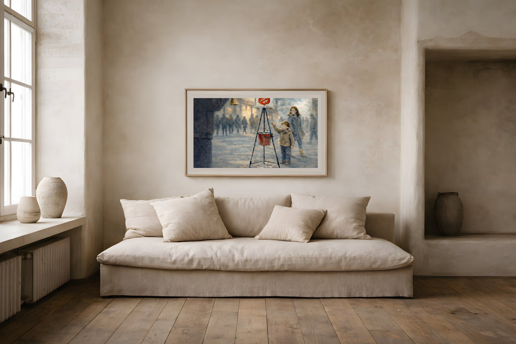 Small Offering fine art print displayed in a framed living room wall mockup — civic generosity watercolor art from The Democracy Collection