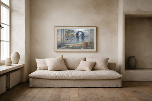 American Nightmare fine art print in a living room wall mockup — gun violence school shooting political art from The Democracy Collection