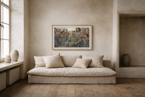 A Moment of Thanks fine art print displayed in a framed living room wall mockup — veteran appreciation watercolor art from The Democracy Collection