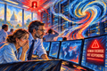 Civic art showing an AI control room with alarmed workers, swirling data vortex, U.S. Capitol, and warning screen reading “Human Override Not Responding.”
