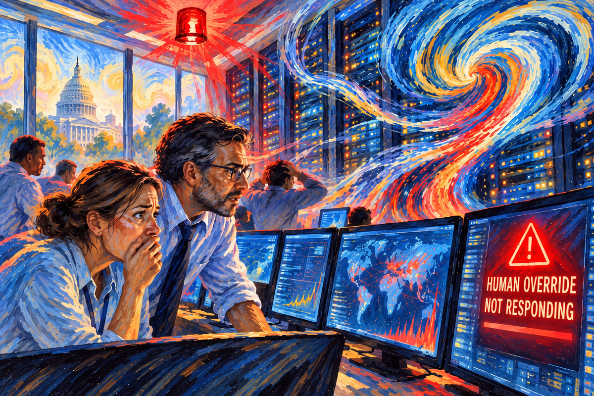 Civic art showing an AI control room with alarmed workers, swirling data vortex, U.S. Capitol, and warning screen reading “Human Override Not Responding.”