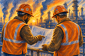 Two refinery workers in orange safety vests review technical plans at sunset, standing before a vast industrial complex of pipes, towers, and smokestacks in an expressive watercolor painting celebrating teamwork, expertise, and the dignity of work.