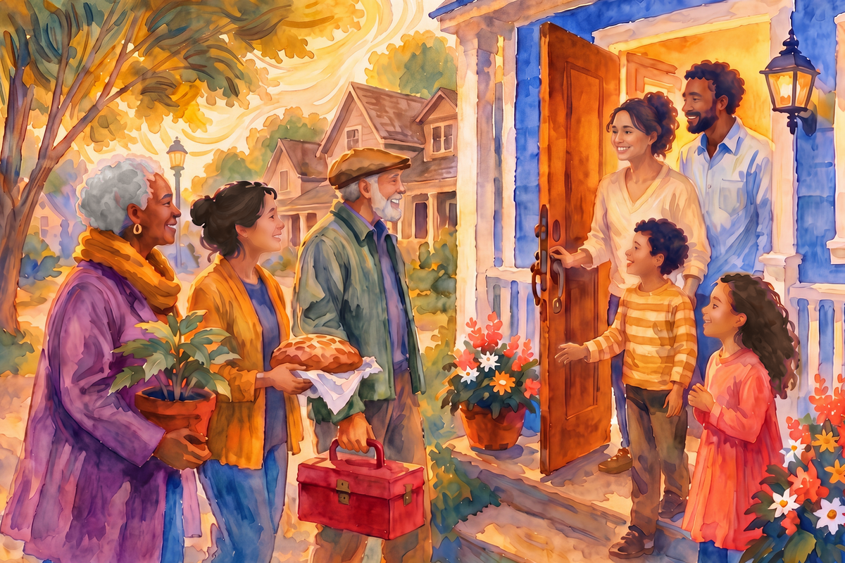 Civic art watercolor of three neighbors carrying a potted plant, a loaf of bread and a red toolbox, greeted at the open door of a blue house by a smiling family of four at golden hour.