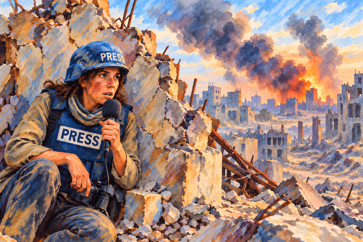 This watercolor-style piece of democracy art shows a journalist in a PRESS helmet reporting from war-torn ruins as smoke and flames rise behind her, symbolizing the courage of a free press.