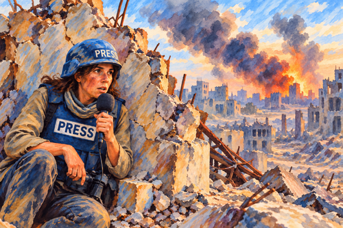 This watercolor-style piece of democracy art shows a journalist in a PRESS helmet reporting from war-torn ruins as smoke and flames rise behind her, symbolizing the courage of a free press.