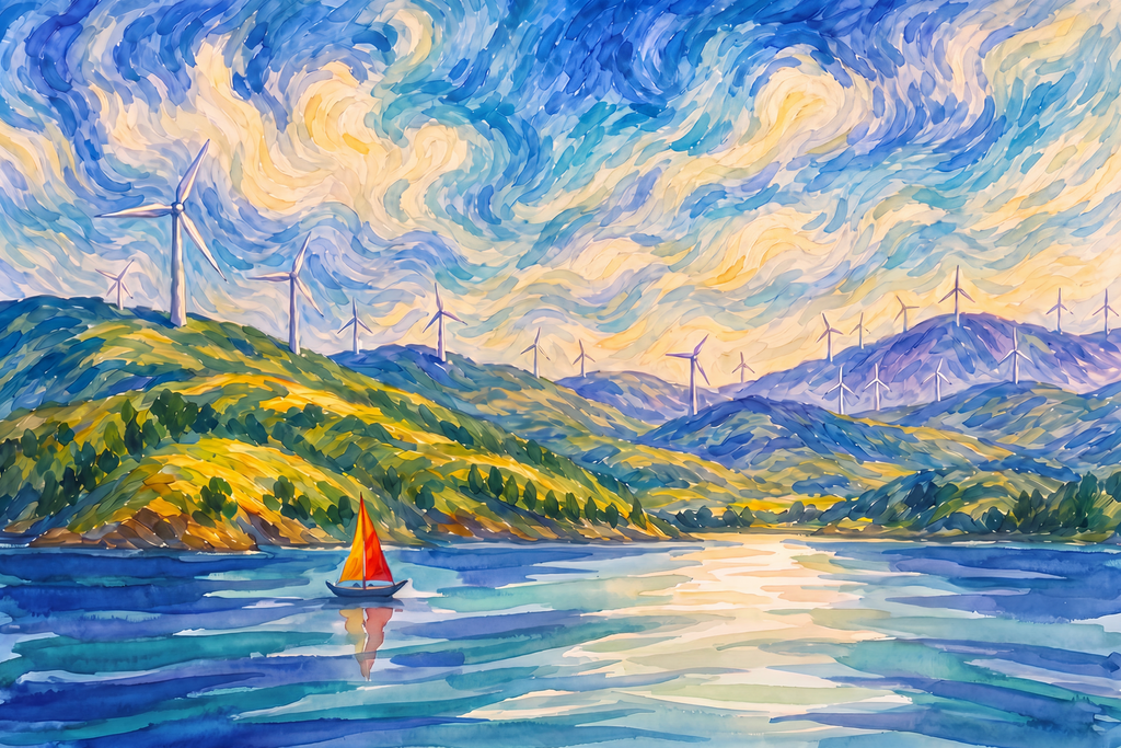 Watercolor landscape of a red-and-yellow sailboat on a sparkling blue lake, with wind turbines across sunlit green hills beneath a bright, cloud-filled sky