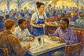 Hispanic waitress serves meals to diners at a busy restaurant, a warm watercolor scene celebrating everyday work and community.