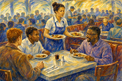 Hispanic waitress serves meals to diners at a busy restaurant, a warm watercolor scene celebrating everyday work and community.