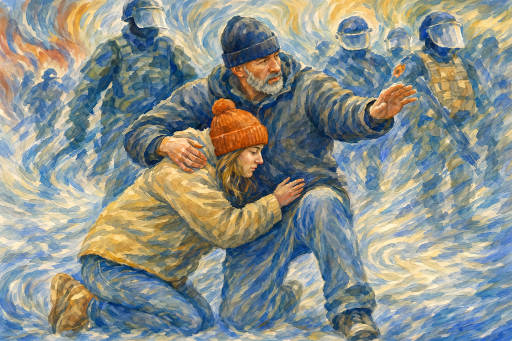 Political art showing a man shielding a woman as officers advance through haze conveying protection from fear and intimidation amid unrest