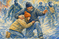 Political art showing a man shielding a woman as officers advance through haze conveying protection from fear and intimidation amid unrest