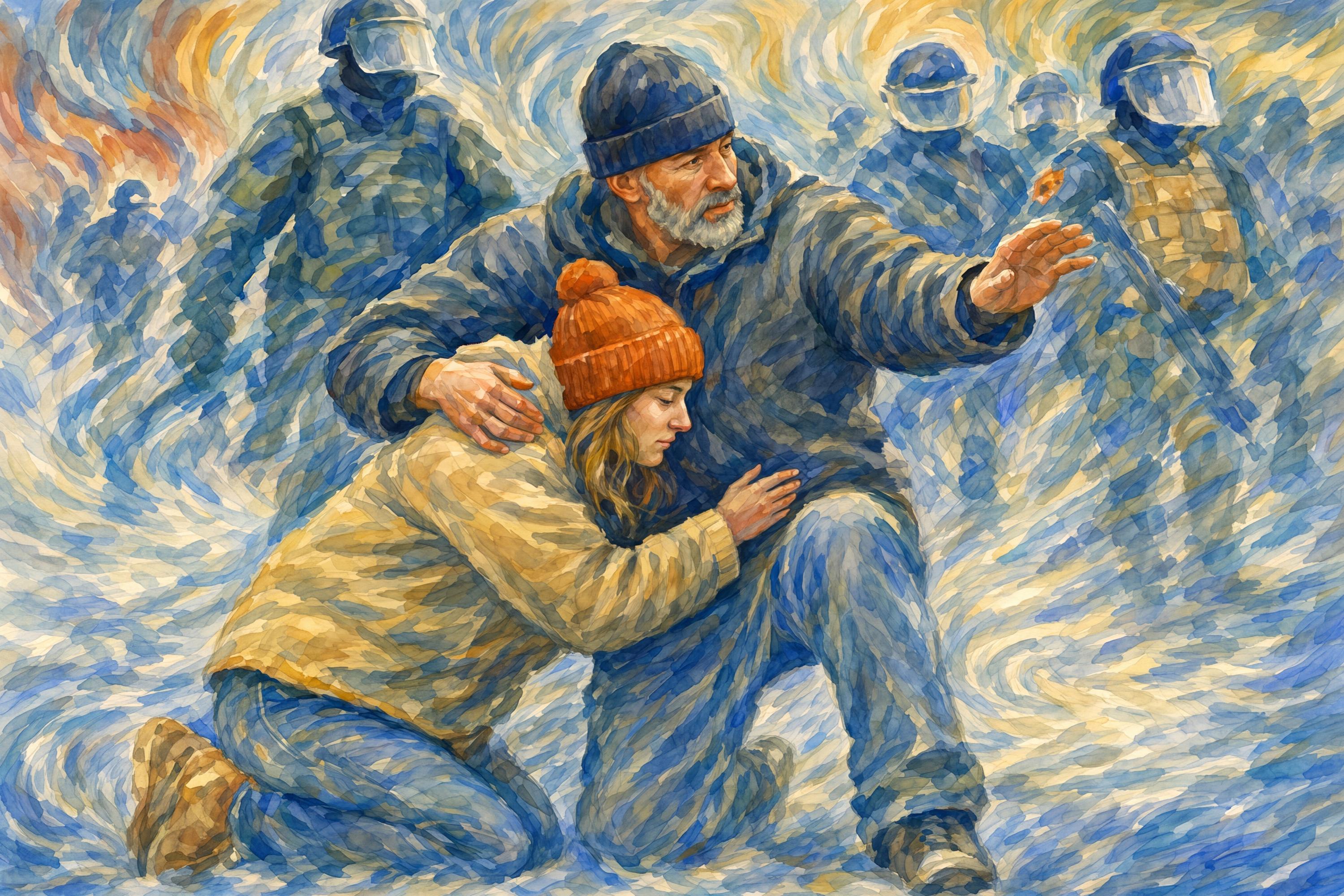 Political art showing a man shielding a woman as officers advance through haze conveying protection from fear and intimidation amid unrest
