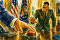 Watercolor fine art of a military officer reaching to stop a hand pressing a nuclear button, capturing tension, restraint, and consequence.